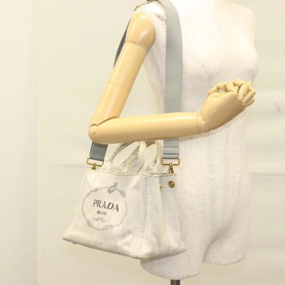 PRADA Canapa PM Hand Bag Canvas 2way Gray Gold Auth 133271 - Picture 1 of 15